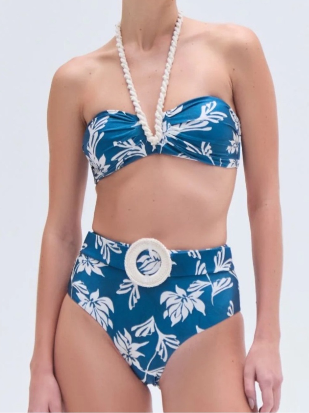 PatBO Teal Blue Floral Bandeau Bikini with High-Waist Belt